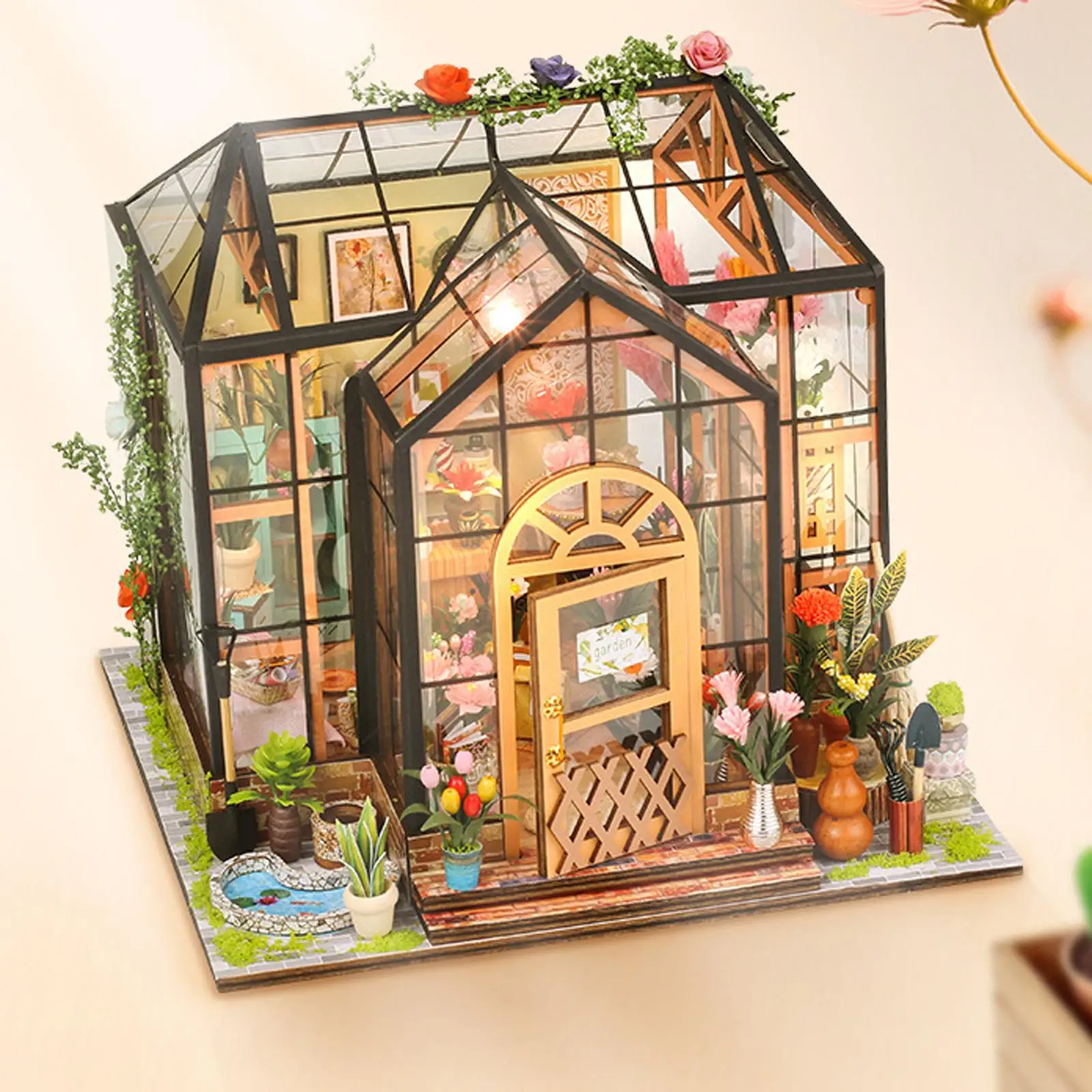 Miniature Dollhouse Flower Sunroom with Furniture Building Set Small House Set for Ladies Teens