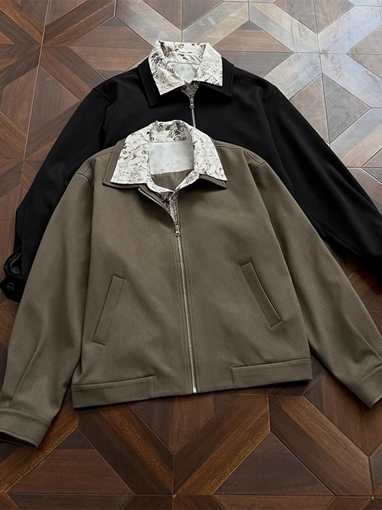 

Bla Floral Print Zipper Jaet Men's Casual Sle Autumn Outerwear Fake Two-Piece irt Design Windproof Polyester Fiber