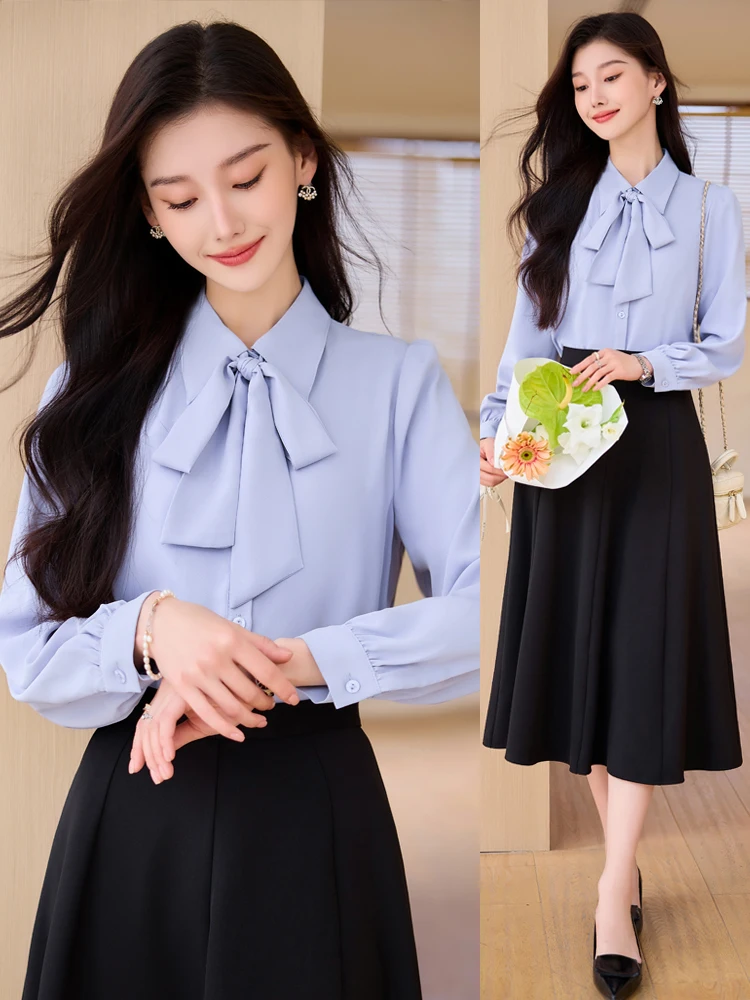 

Light Blue Shirt Women's Elegant Luxury Small Size Interview Knot Half Skirt Business Casual Style Polyester Fabric