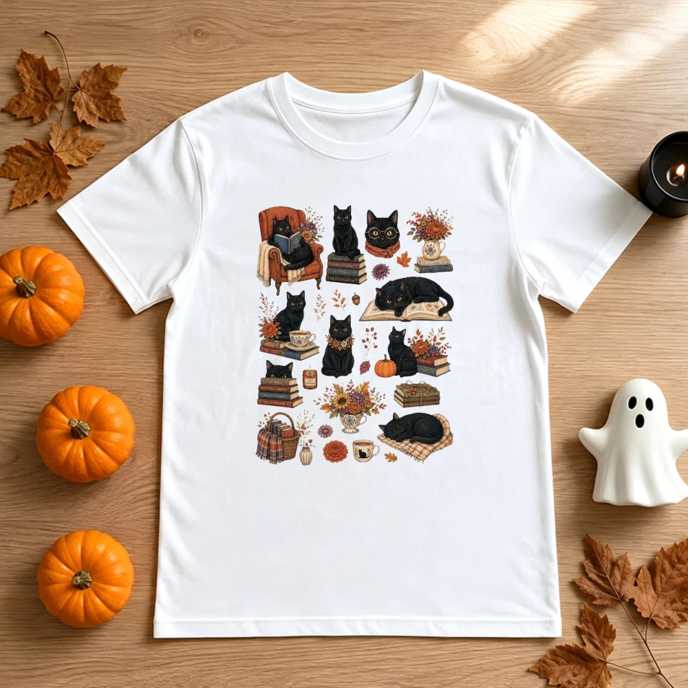 Black Cat Reading Book Shirt Women Men Cotton Autumn Fall Graphic Tee Vintage Halloween Bookish Oversized T-Shirt Reader Gift
