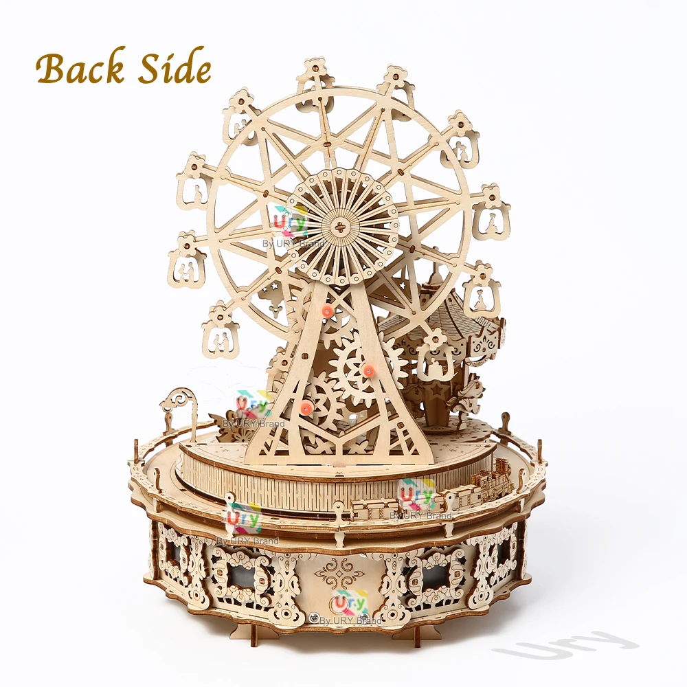 Ury 3D Holzpuzzle LED Drehbares Riesenrad Vergnügungspark Musikalische Oktavbox Modellbausatz Montage DIY Spielzeug Geschenk für Kinder und Erwachsene