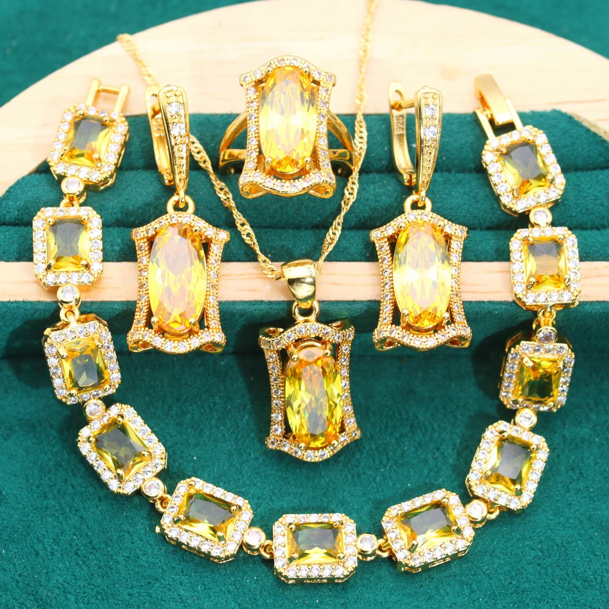 Shine Gold Color Jewelry Sets For Women Wedding Noble Yellow Zircon Bracelet Earrings Necklace Pendant Ring Dating Gifts