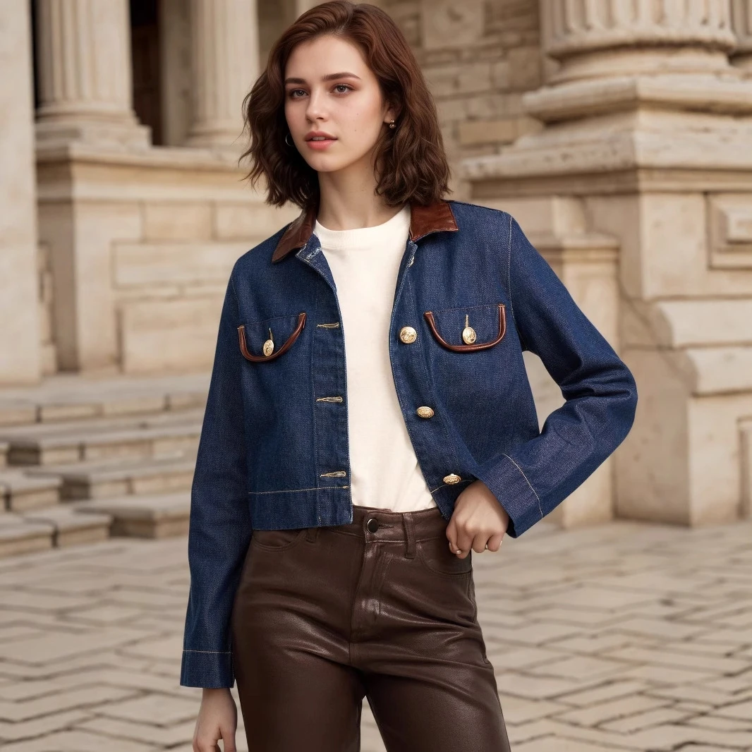 

Сводная ветрозащитная куртка с украшением на пуговицах, кожаным воротником и ket Ele Fake Denim ort Coat для женщин