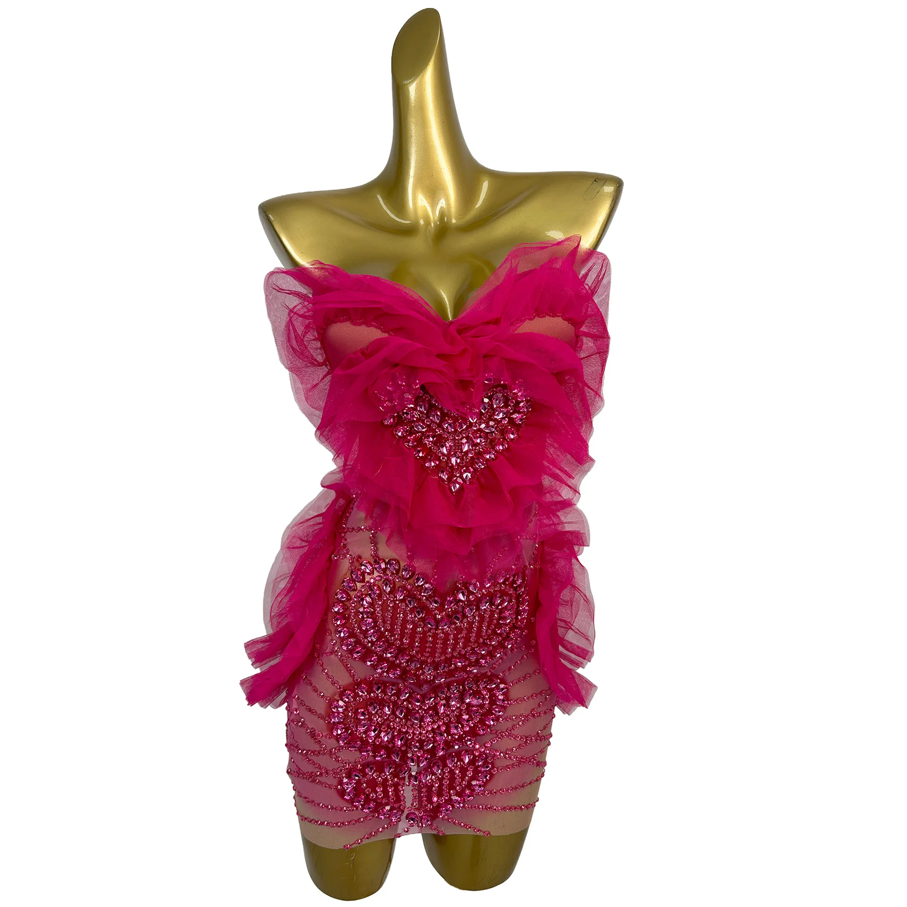 Dongxin Luxury Hot Pink Rhinestone Heart Tulle Strapless Nude Mesh Mini Dress Formal Cocktail Party Prom Outfit
