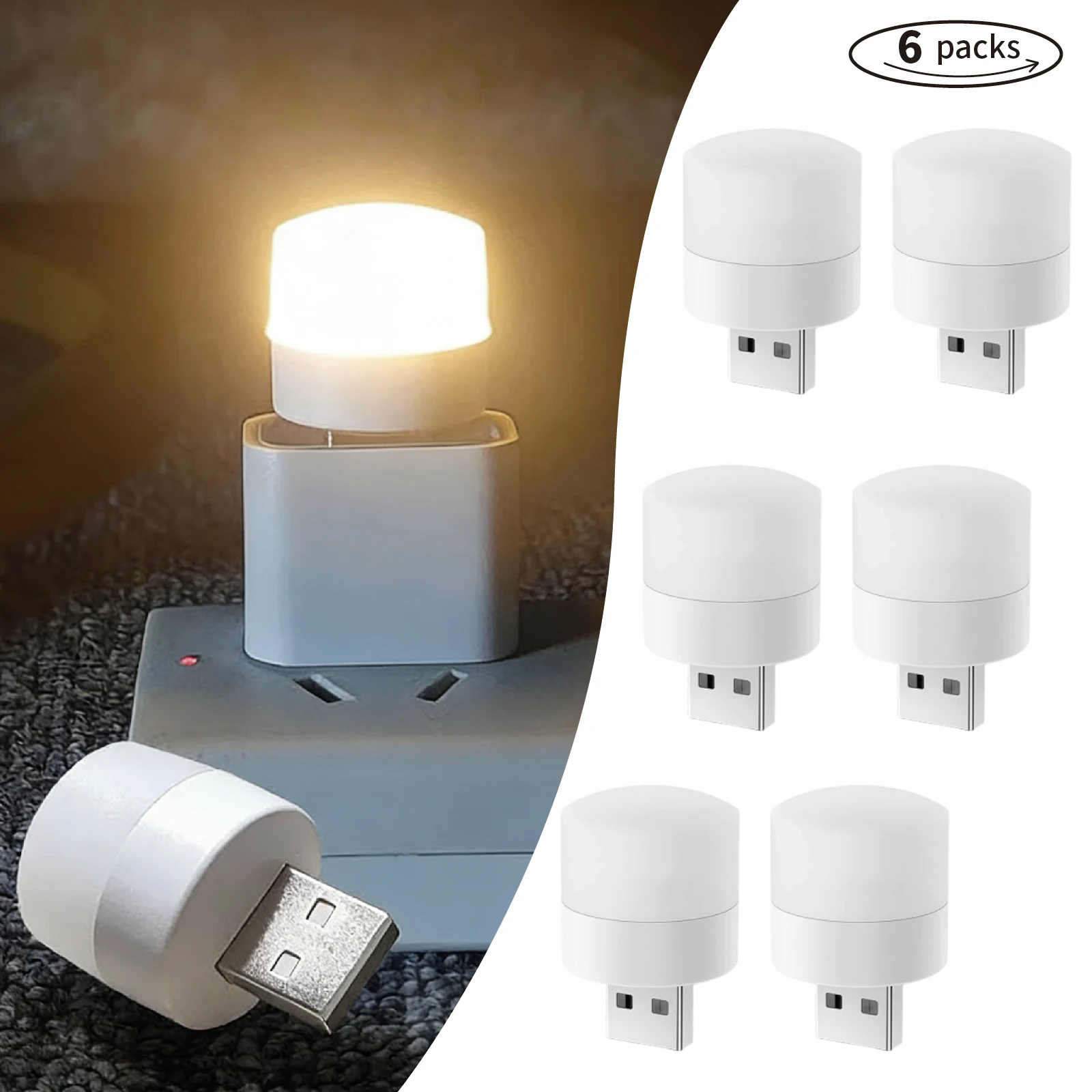 

6PCS USB Night Light Mini LED Night Light USB Plug Lamp Power Bank Charging USB Book Lights Round Reading Eye Protection Lamp