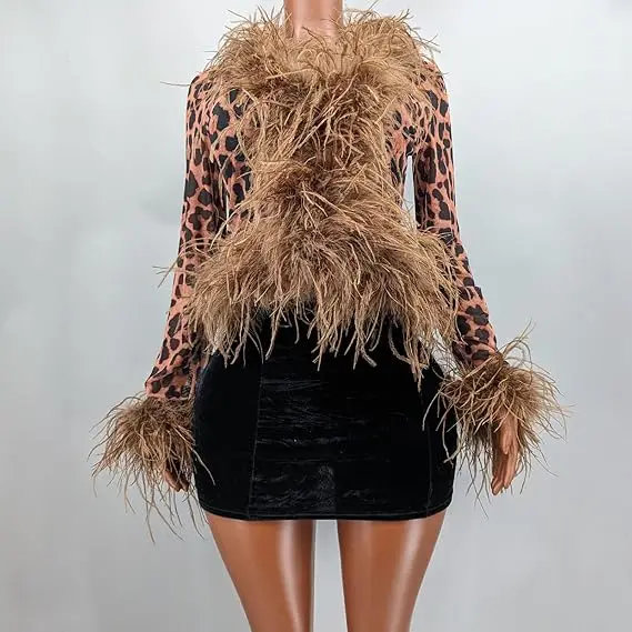 Women See-Through Top with Real Ostrich Feather Brown Black Cropped Jacket Top Bolero 240711