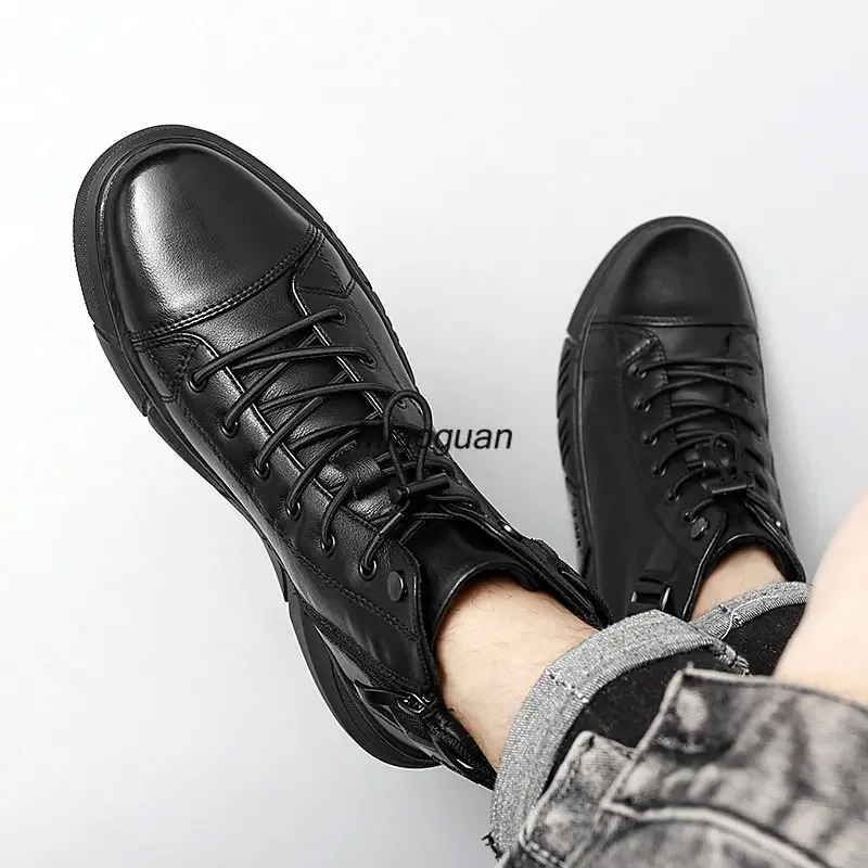 Ankle Boots Black PU Leather Men\'s Sports Shoes Autumn Winter Comfortable High-top Casual Fashion Platform Boots Man Round Head