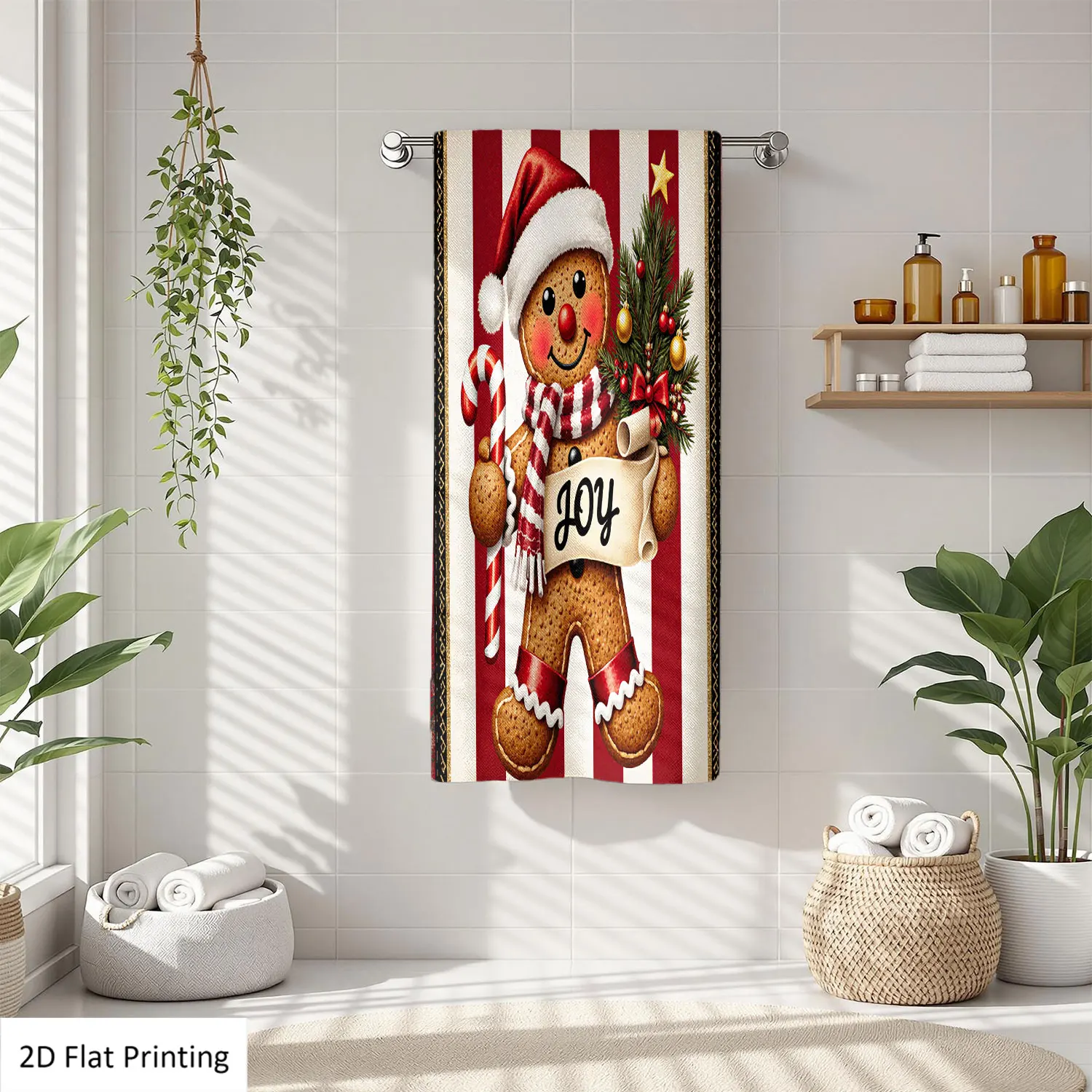 

1Pc Christmas Gingerbread Man Candy Cane Fir Tree Bathroom Hand Towel Bath Towel, Multiple Size Microfiber Polyester Towel, Unique Home Decorative Kitchen Towels, Festival Bathroom Accessories Decor, Quick Dry and Absorbent