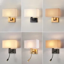 Lámpara de pared con pantalla de tela, luz LED E27 con focos, candelabros de pared dorados y negros, iluminación interior, decoración de dormitorio y mesita de noche