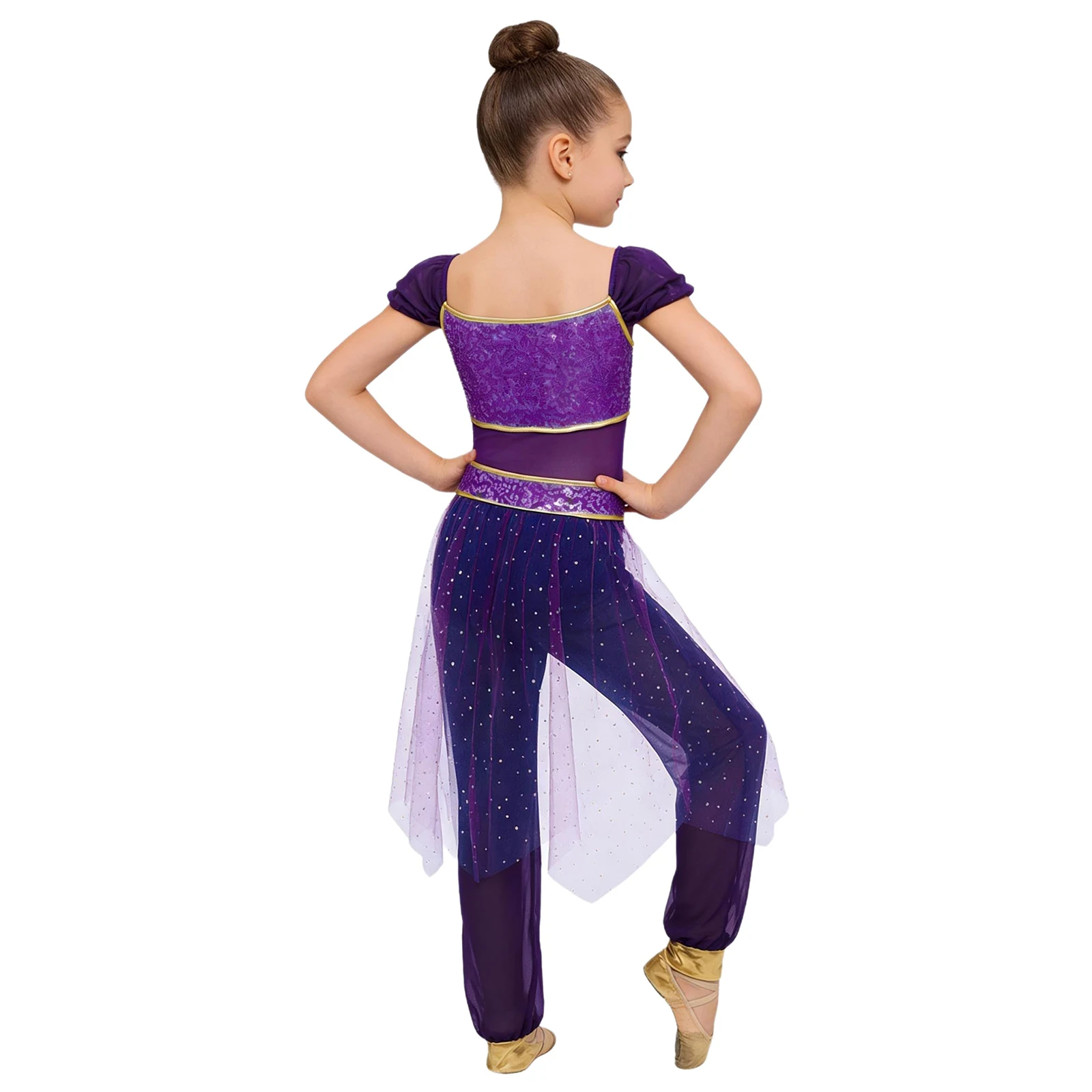

Girls Arabian Princess Belly Dance Jumpsuit Rhinestone Sequined Waist Tulle Overlay Rompers Halloween Cosplay Indian Dance Suit