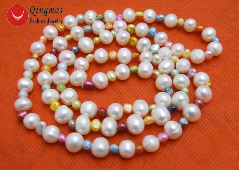 Qingmos 8-9mm Round Natural White Pearl Necklace for Women with 5mm Baroque Multicolor Pearl Sweater Long Necklace 30'' Jewelry