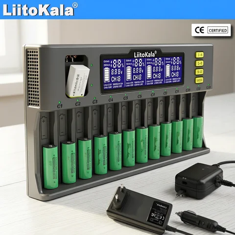 LiitoKala LiI-S12 Smart Charger 14 Slots - CE Certified Universal Charger for Li-ion/LiFePO4/Ni-MH/9V Batteries 18650, 26650, AA