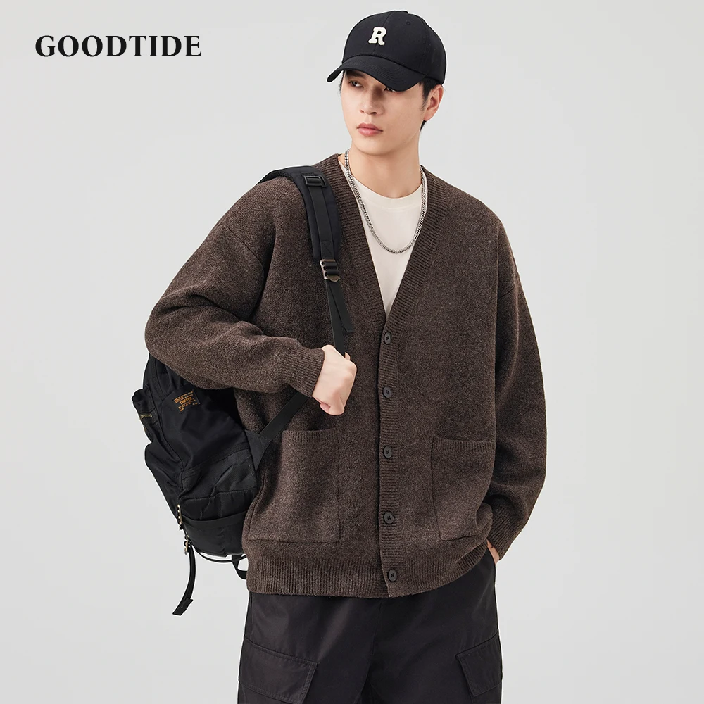 Fashion Men's Casual V - Neck Button Down Cardigan Winter New Loose Fit Knitted Sweater Jacket Long Sleeve Outerwear Pockets Top
