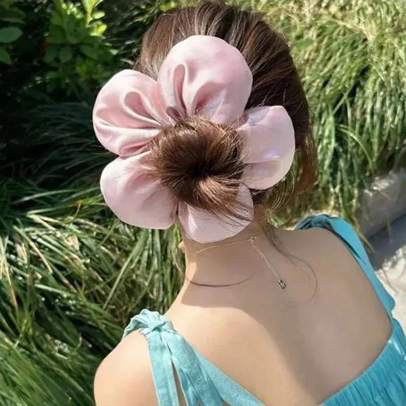 Korean Exaggerated Oversized Pink Black Flower Scrunchie Headdress Women Girls Trendy Design Elastic Hair Band Accessories