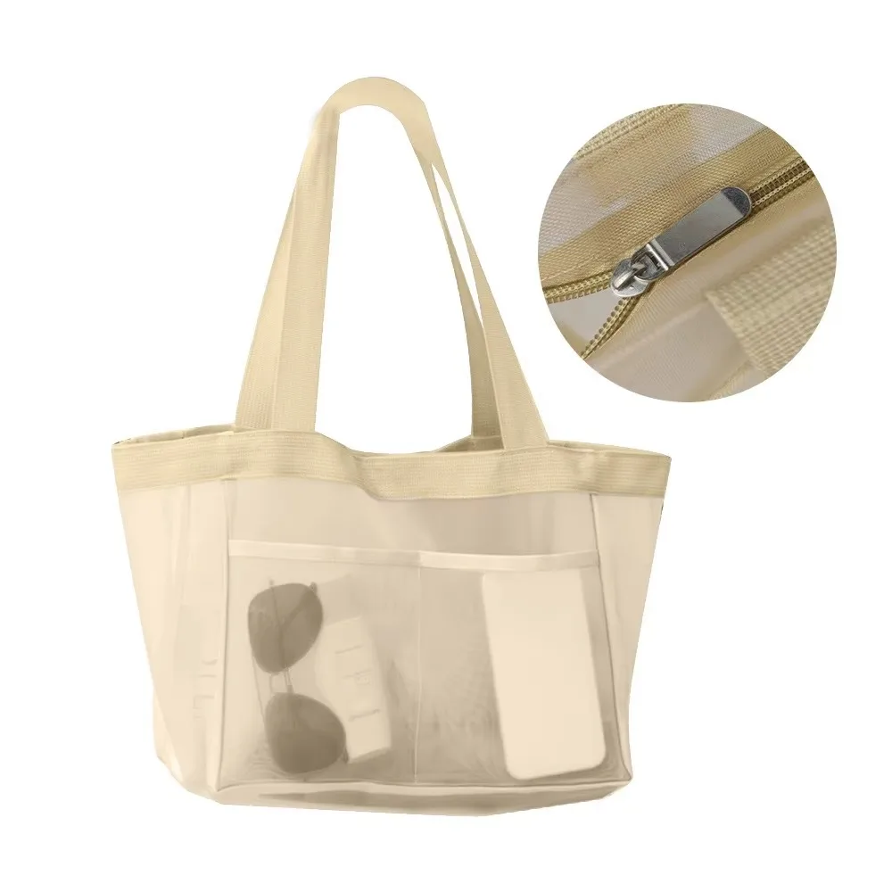Large Capacity Mesh Beach Bag Transparent Nylon Folding Swimming Mesh Tote Quick Dry Multifunctional Mesh Clothing Pocket