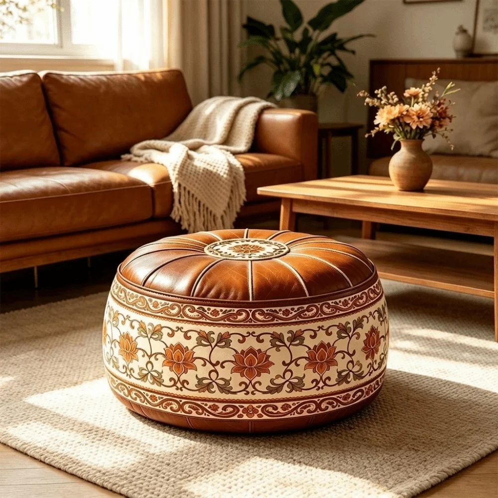 PU Leather Lotus Print Seat Cushion Cover Vintage Large Capacity Round Footstool Cover Unstuffed Waterproof Storage Leg Bench