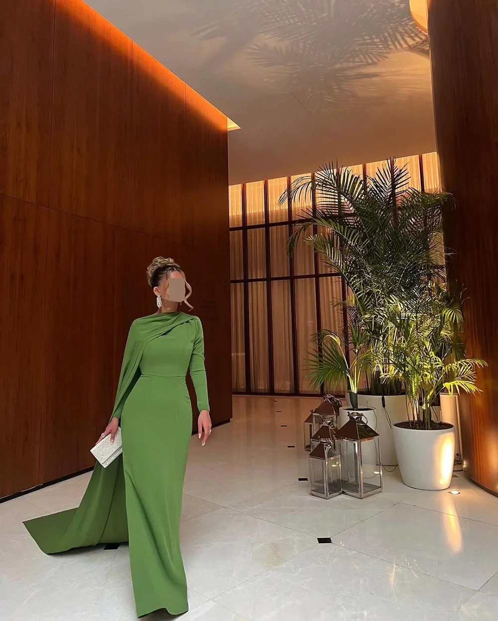 Fnoexw Green Mermaid Evening Dresses Long Sleeves Cape Formal Occasion Dress for Women Saudi Arabic Long Party Prom Gowns Dubai