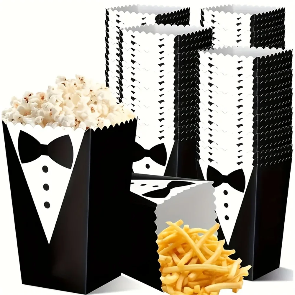 10 Stück Popcorn-Box im Smoking-Design, schwarzes Krawattenmuster, geeignet für Partydekoration, geeignet für Verlobung und Hochzeit
