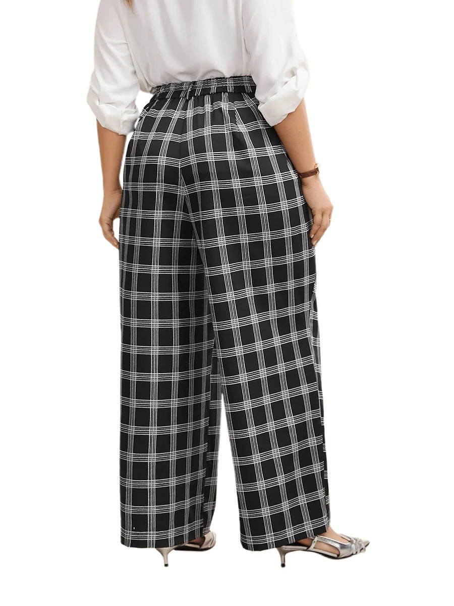 Spring Fashion Women's Oversized XXXL Wide Leg Pants 2025 Female Casual Plaid Print Plus Size Loose Trousers with Pockets