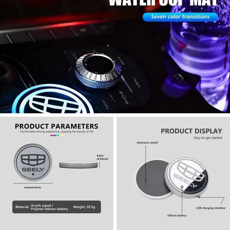 USB Charging 7 Color LED Light Cup Mat For Geely Coolray, Xingyue S, Boyue, Monjaro Luminous Cup Holder Protective Pad