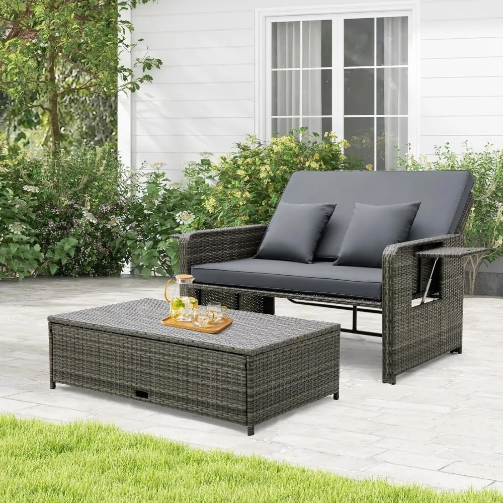 Patio Rattan Daybed Set, Wicker Loveseat Sofa w/Multipurpose Ottoman & Retractable Side Tray, 4-Level Adjustable Backrest