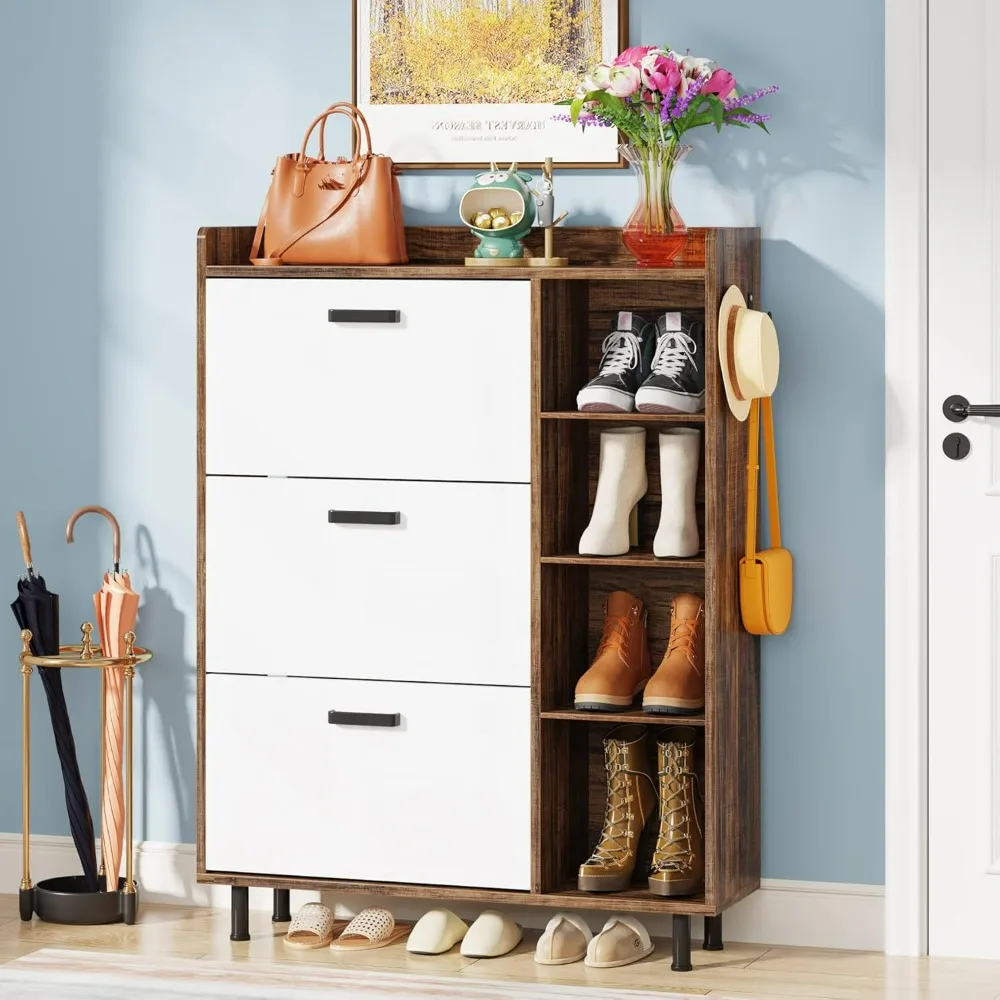 Flip drawer shoe storage cabinet, used for entrance passage and living room, with 3 flip drawers and 5 shelves