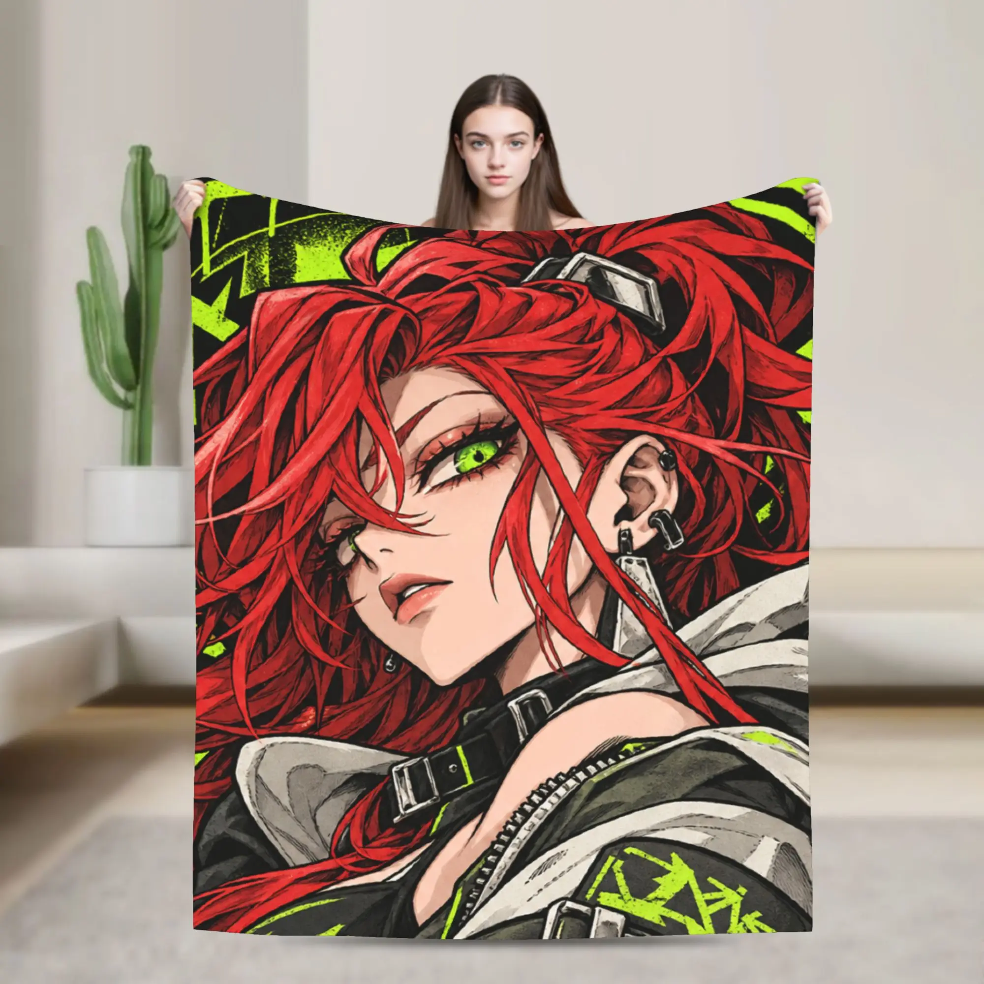 GACHIAKUTA Red Haired Woman Green Runes Anime Blanket Quality Warm Soft  Throw Blanket Winter Home Decor Fashion Bedspread