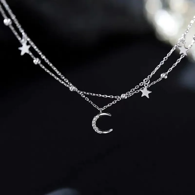 New 925 Sterling Silver Star Moon Double Layer Bracelet Simple Charm Woman Geometric Shape Bracelet Party Gift Exquisite Jewelry