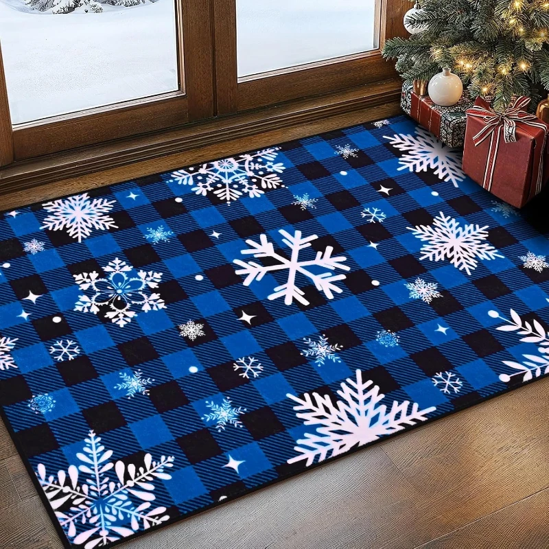 Entrance Carpet Stain-resistant Durable Floor Mat Christmas Red Plaid Snowflake Pattern Rug Christmas Home Dooration Entry Mat