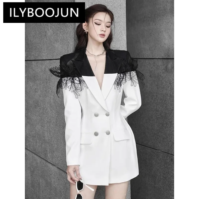 ILYBOOJUN Colorblock Temperament Blazers For Women Notched Collar Long Sleeve Patchwork Double Breasted Slim Blazer Female