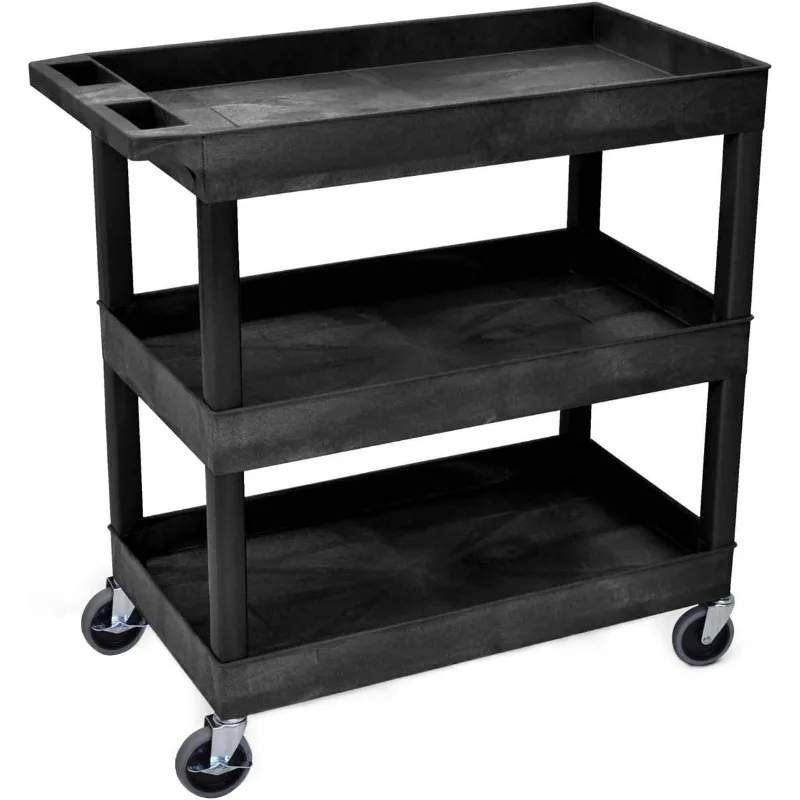 

LUXOR EC111-B Heavy Duty Plastic Utility Cart, 32" x 18" Rolling Tub Cart with Three Shelves, 300 lbs. Capacity, Black
