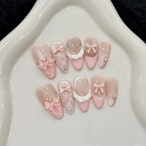 10pcs Handmade Press on Nails French Cat Eye Pink Bow Decor Korean False Nails Wearable Full Cover Ins Almond False Nail Tips
