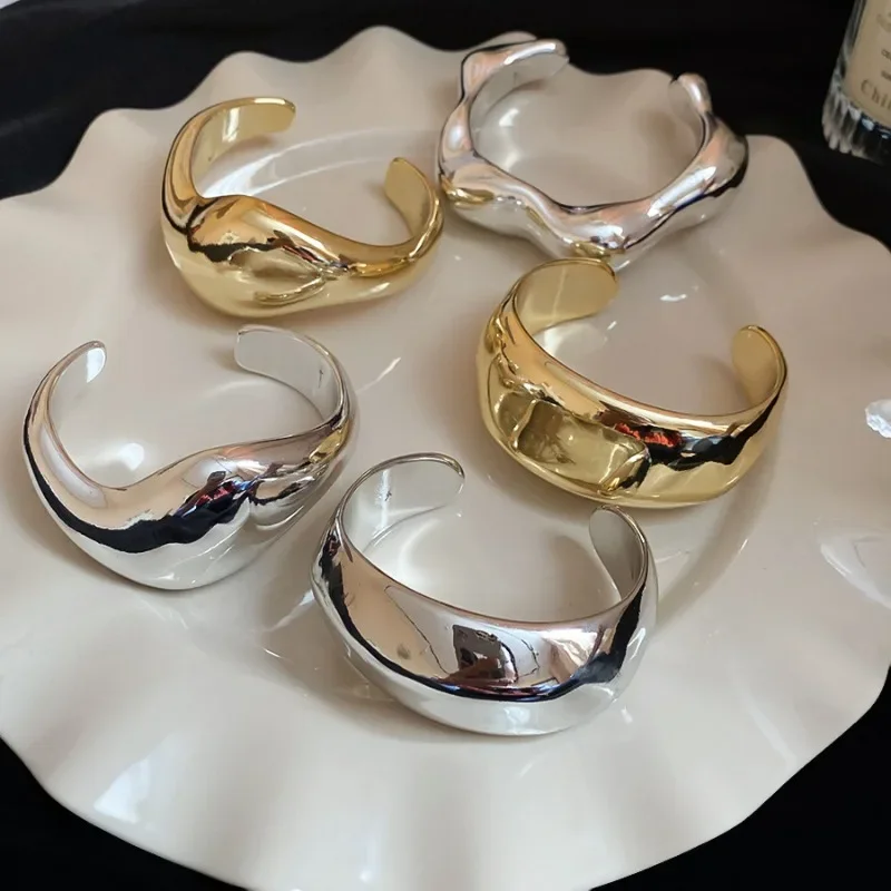 Irregular Geometric Glossy Opening Bangle for Women Personality Metal Bangles Exaggerated Design Fashion Jewelry Party Gift A1