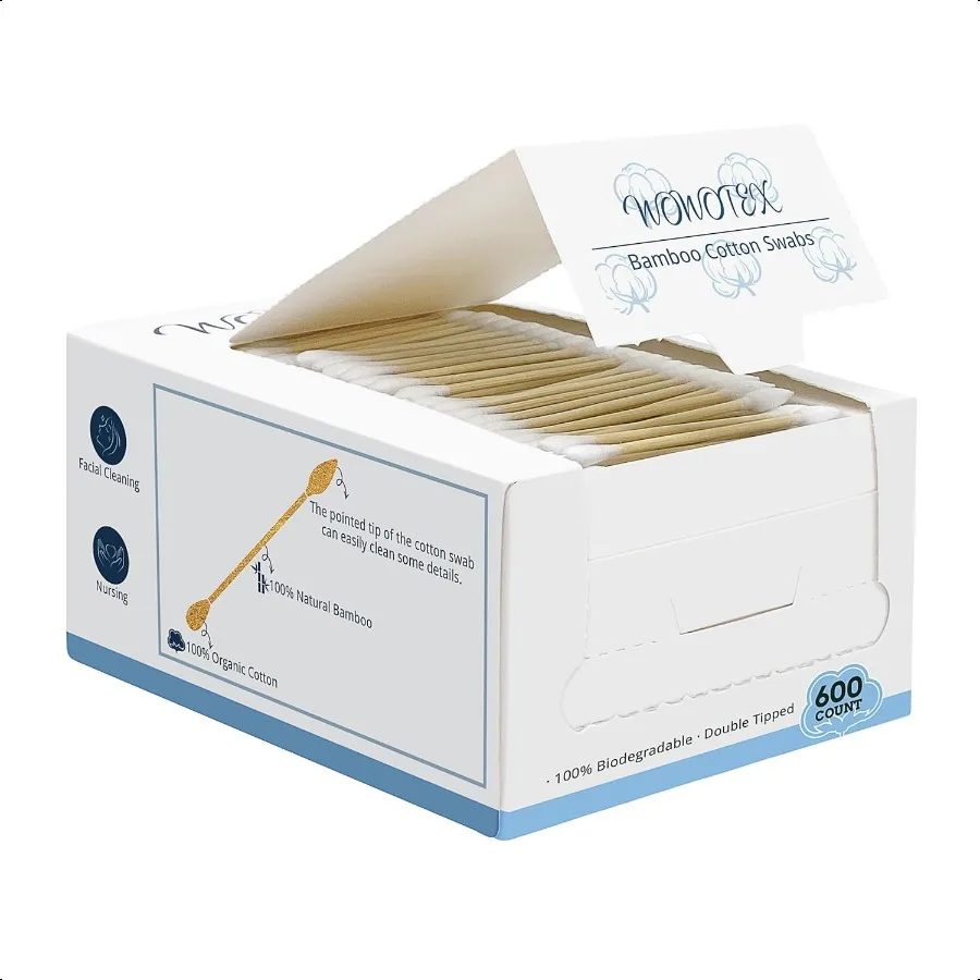 대나무 면봉 600개입 1박스 (뾰족한 면봉 1개, 둥근 면봉 1개) 생분해성 면봉 (유기농 대나무 스틱 포함)