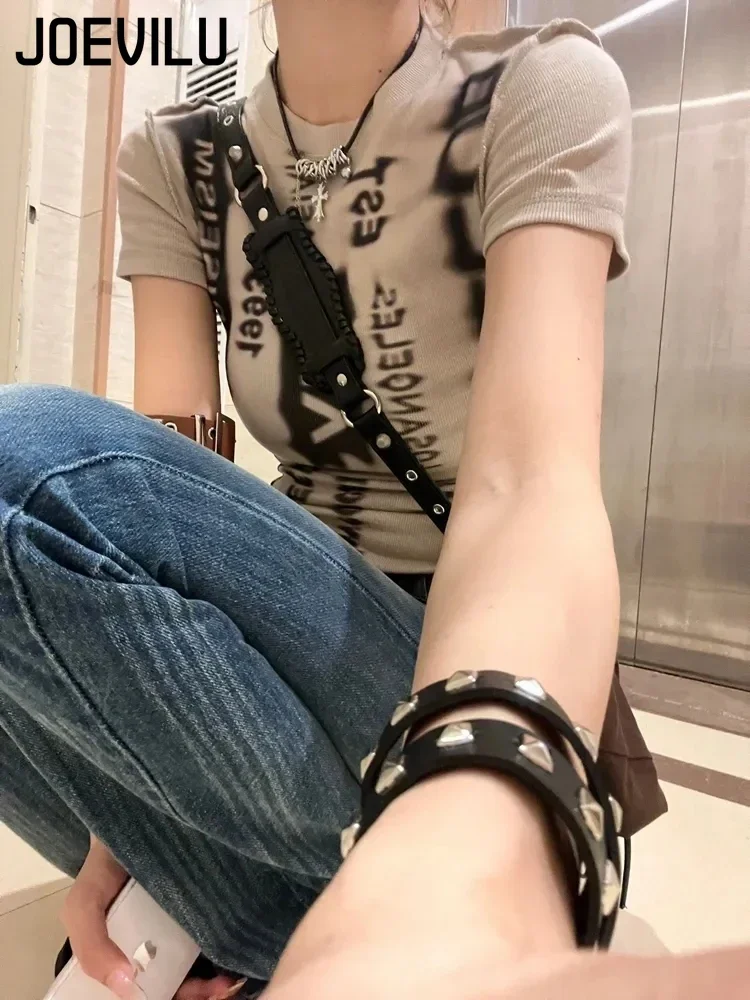 JOEVILU Chic Printed T-shirt Babes O Neck Short Sleeve T-shirt Women\'s Summer Slim Fit Crop Top Korean Fashion Retro Gothic Tee