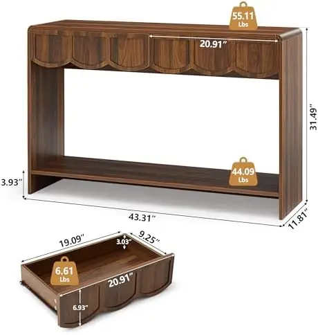 Consolle stretta con cassetti, tavolo da ingresso Mid-Century da 43', noce