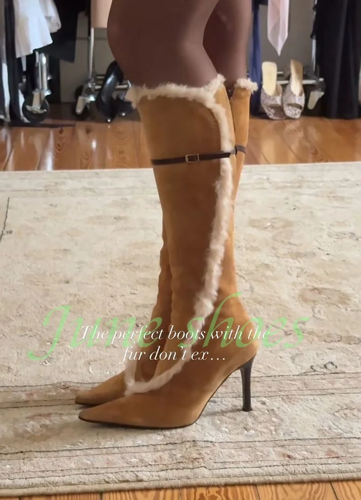 

Женские замшевые теплые винтажные ботинки до колена с пряжкой, заостренным носком, разноцветным мехом, дизайнерская обувь для подиума, зимние ботинки, размеры 34-46