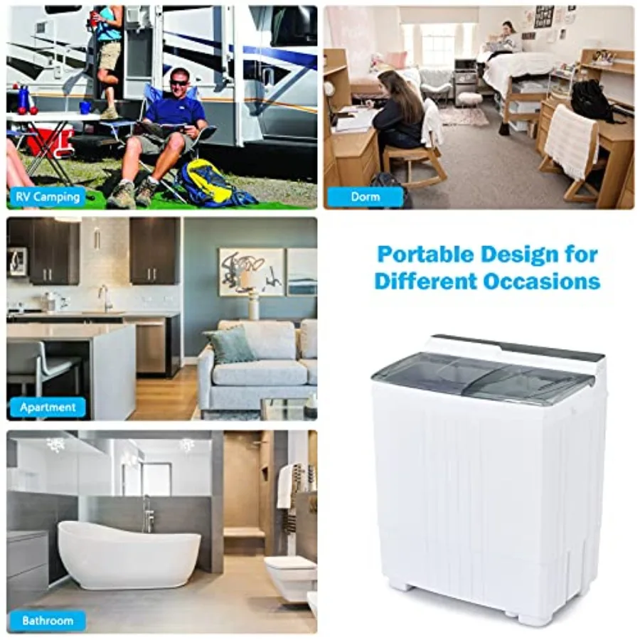 غسالة محمولة من COSTWAY حوض مزدوج بسعة 21 رطل مع مقابض تحكم ومضخة تصريف مدمجة ماكينة غسيل مدمجة