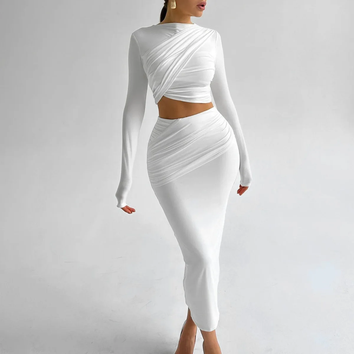

Women's Dress Suit Spring Long Sleeves O-Neck Crop Tops And Skirt Set Pleated Irregular Design Sense Solid Color Femme 2pcs Set