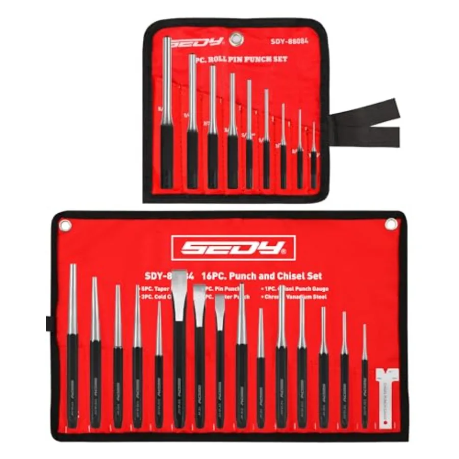 

25-Piece Punch and Chisel Set with Roll Pin Punches, Includes Taper, Pin, Center Punches and Cold Chisels for Metalworking, Aut