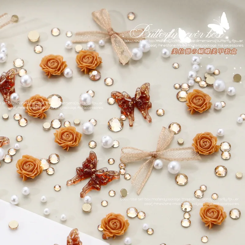 1 Opakowanie Mieszanych Ozdób do Paznokci: Akrylowe Motyle, Kokardki z Organzy, Cyrkonie, Perły - Akcesoria do Dekoracji Paznokci