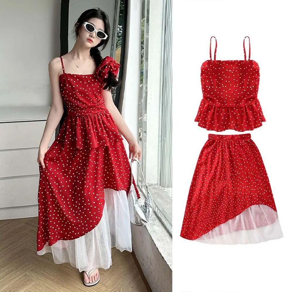 

Red Polka Dot Ruffles Dot Dress Camisole Top Ruffled Sleeveless Girls Suspenders Skirt Casual Long Children Red Dress
