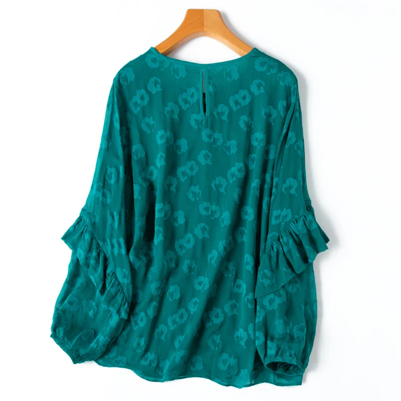 Women Silk Blouse 100% Mulberry Silk Turquoise Floral with Lining O Neck Lantern Sleeve 2024 Shirt Top Pullover L XL M1144