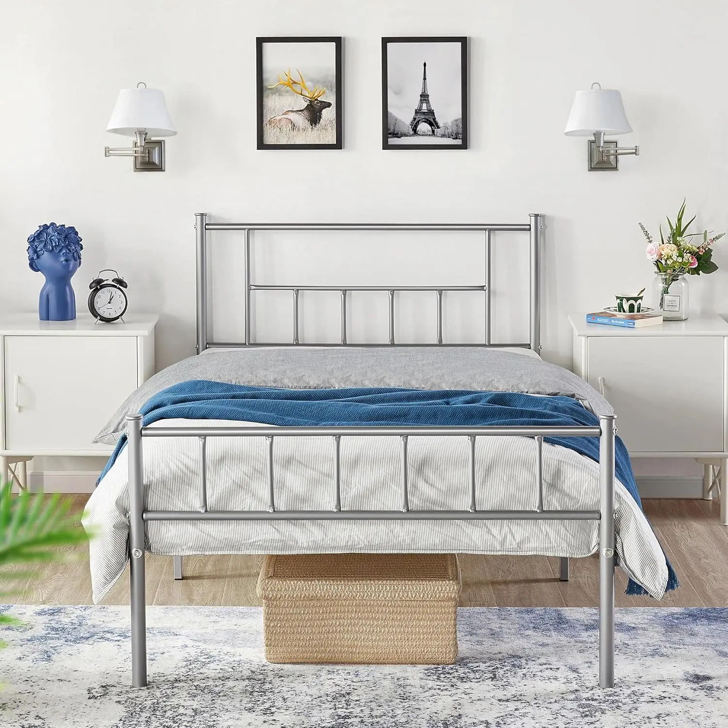 

Metal Bed Platform with Headboard and Footboard Mattress Foundation Twin Size Silver Bed topper full Egg crate mattress topper