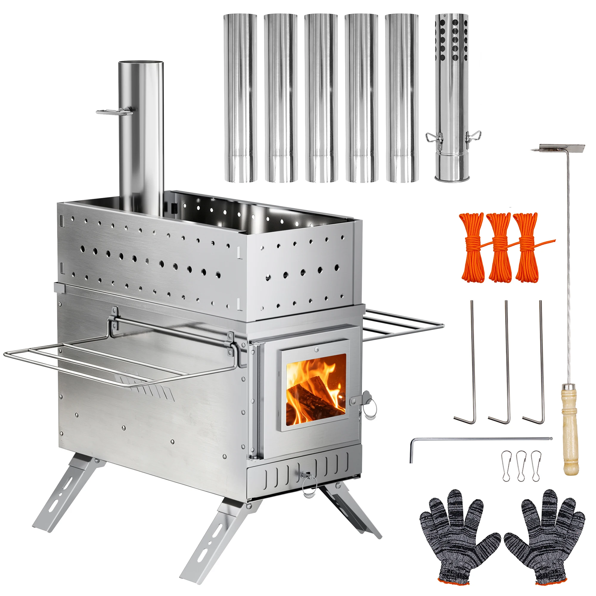 Unho Folding Hot Tent Stove, Portable Stainless Steel Wood Stove with 6 Chimney Pipes, Glass Window & Full Kit for Outdoor Cooking