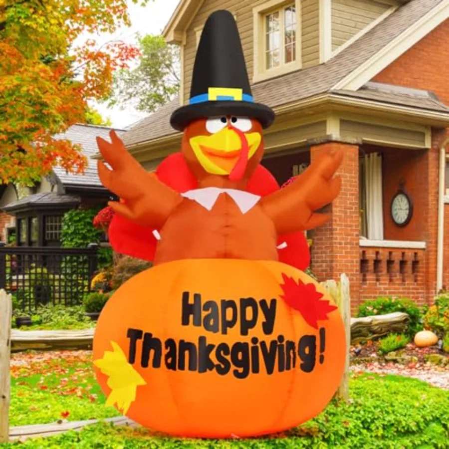 

6 Ft Thanksgiving Inflatables Outdoor Decoration Turkey Blow Up Yard with Pumpkin Built-in LEDs for Indoor Garden Lawn Party De