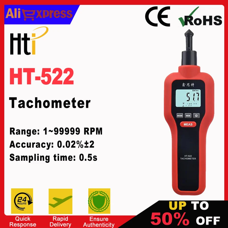 

Hti HT-522 Handheld Digital Tachometer Contact and Photoelectric Tach Industrial Rotation Speed Measurement RPM Meter