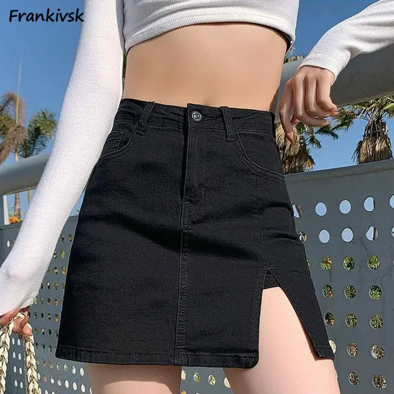 

Side-slit Women Skirts Solid Package Hip Denim American Style Elastic Ins Anti-emptied Summer A-line Streetwear Vintage Young