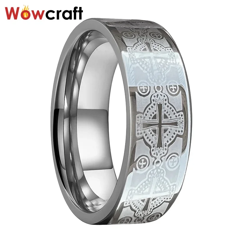 8mm Wholesale Mens Women Fashion Tungsten Wedding Band Ring Cross Engraved Flat Shape Polished Shiny Comfort Fit