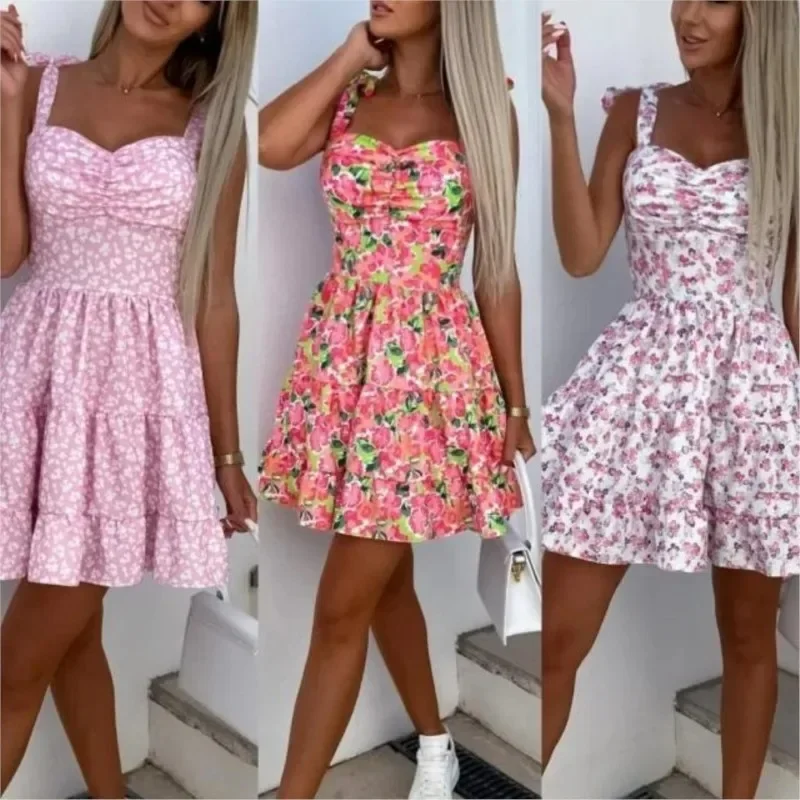 Elegante mini abito con stampa floreale per donna Abito corto Boho Abito femminile senza maniche con cintura appesa Abito piegato in vita stampato